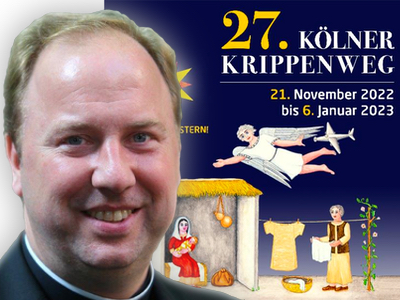 Der Kölner Dom und Stadtdechant Robert Kleine, Krippenweg-Motiv 2023: Kulturbüro Rheinstil, Collage: KIP