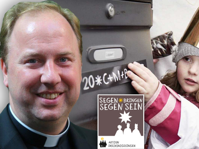 Der Kölner Dom und Stadtdechant Robert Kleine, Bildmotiv rechts © Benne Ochs, Kindermissionswerk, Colla-ge: KIP