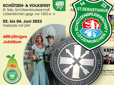 Festprogramm zum 600-jährigen Bestehen der St. Sebastianus-Schützenbruderschaft Leverkusen-Lützenkirchen (Ausschnitt), Logos der Bruderschaft und des BHDS e.V., Collage: KIP