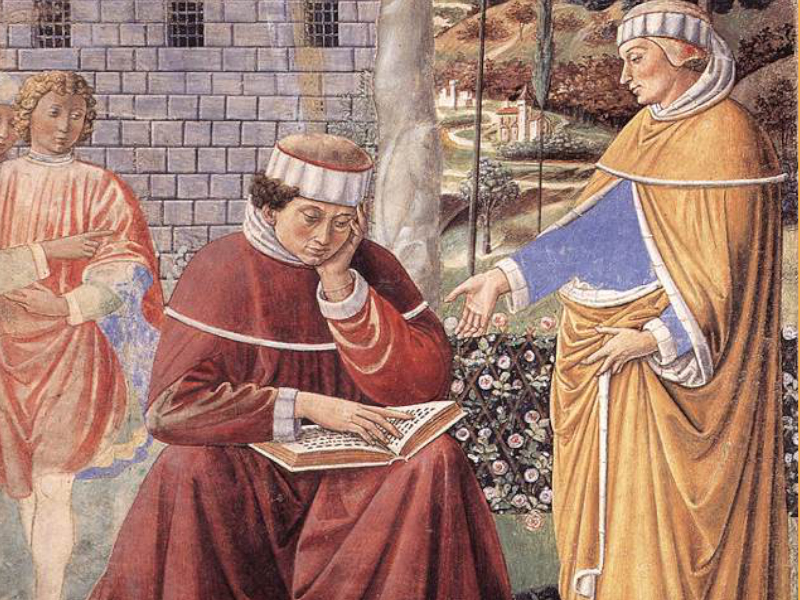 Bekehrungsszene: Augustinus liest den Römerbrief (conf. 8,29f.). Klosterkirche S. Gimignano, Fresko, ca. 1464/1465. - Bildquelle: Wikimedia commons/gemeinfrei.