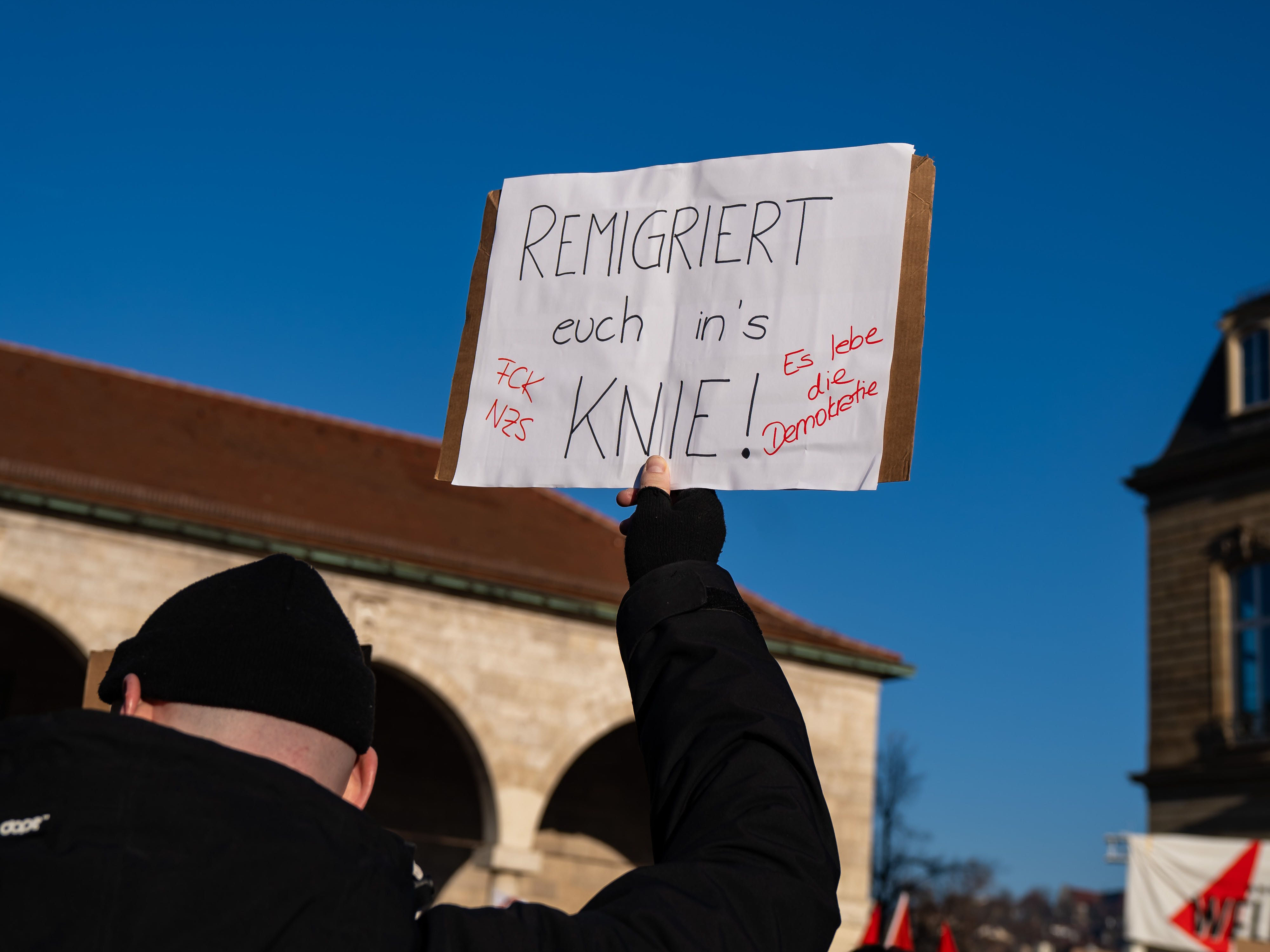 Demonstration. Plakat. Gegen Remigrationspläne und für Demokratie. Foto: (c) Pexels