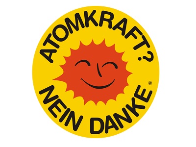 Rote Sonne auf gelbem Grund mit dem Schriftzug ´Atomkraft - Nein Danke!´