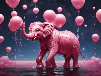 ein rosa Elefant umgeben von rosa Luftballons